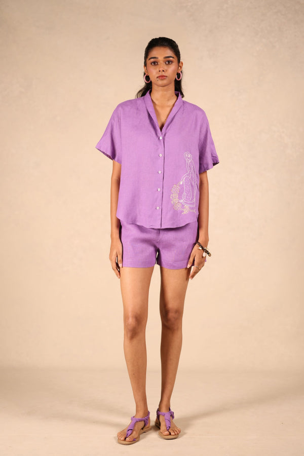 Linen Coord Set - Shawl collar shirt with shorts