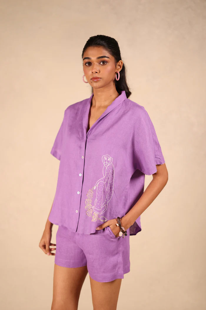 Linen Coord Set - Shawl collar shirt with shorts