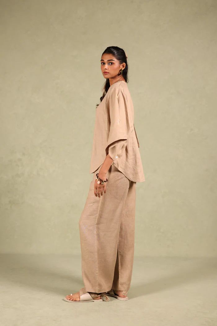 Linen Coord Set - Free Size Shirt With Flared Pant