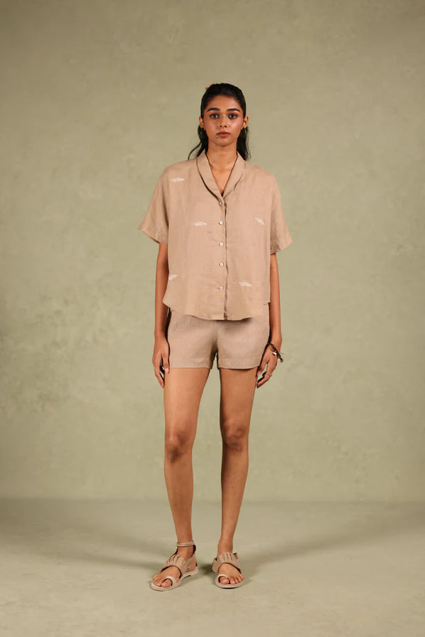 Linen Coord set - Shawl Collar Shirt With Shorts