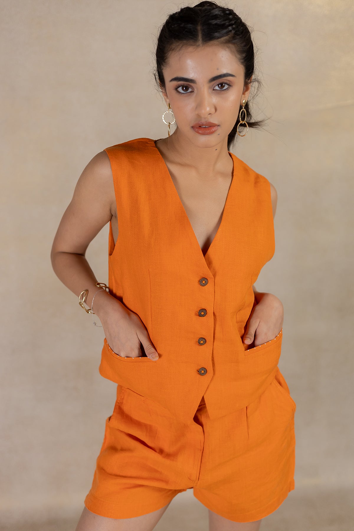 Day 10 - Linen Vest With Welt Pockets - Orange Soda