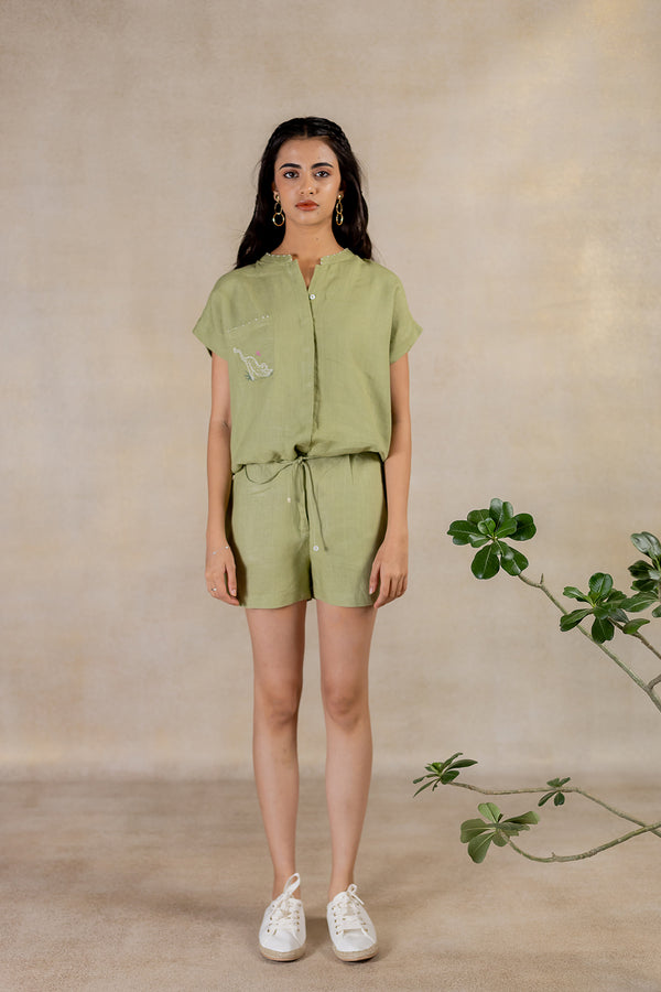 Day 14 - Linen Drawstring  Shirt With Patch Pocket - Meadow Green