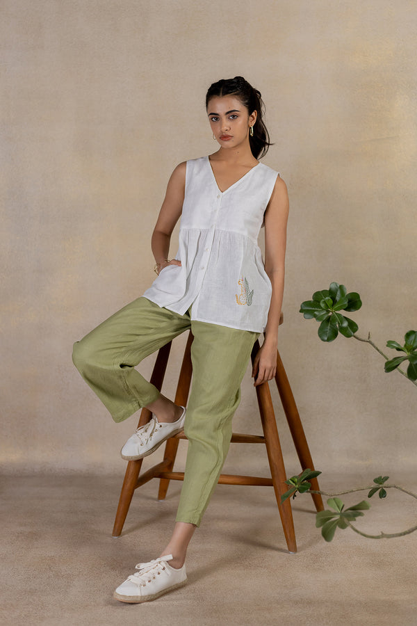 Day 15 - Linen  Sleeveless Placket  Top With Pocket -  White