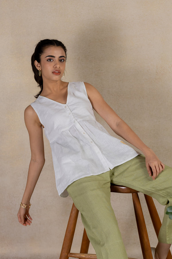 Day 15 - Linen  Sleeveless Placket  Top With Pocket -  White