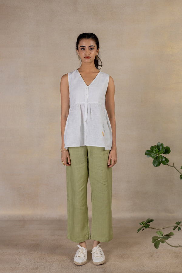Day 15 - Linen  Sleeveless Placket  Top With Pocket -  White