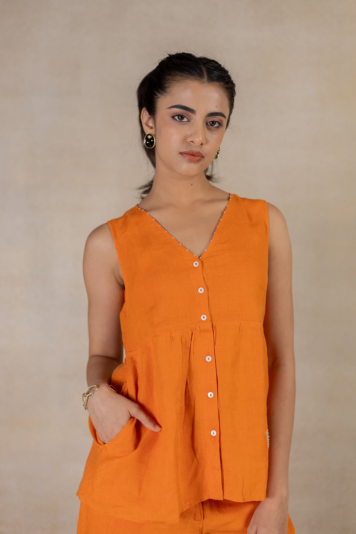 Day 15 - Linen Sleeveless Placket Top With Pocket - Orange Soda