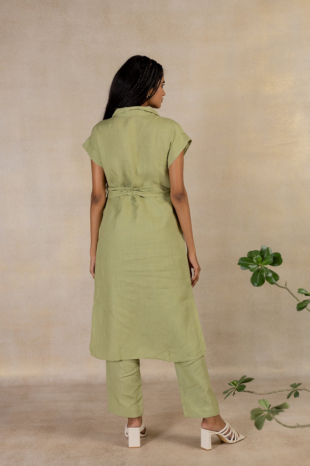 Day 16 - Linen Kimono Sleeve Shirt Dress With Belt - Meadow Green