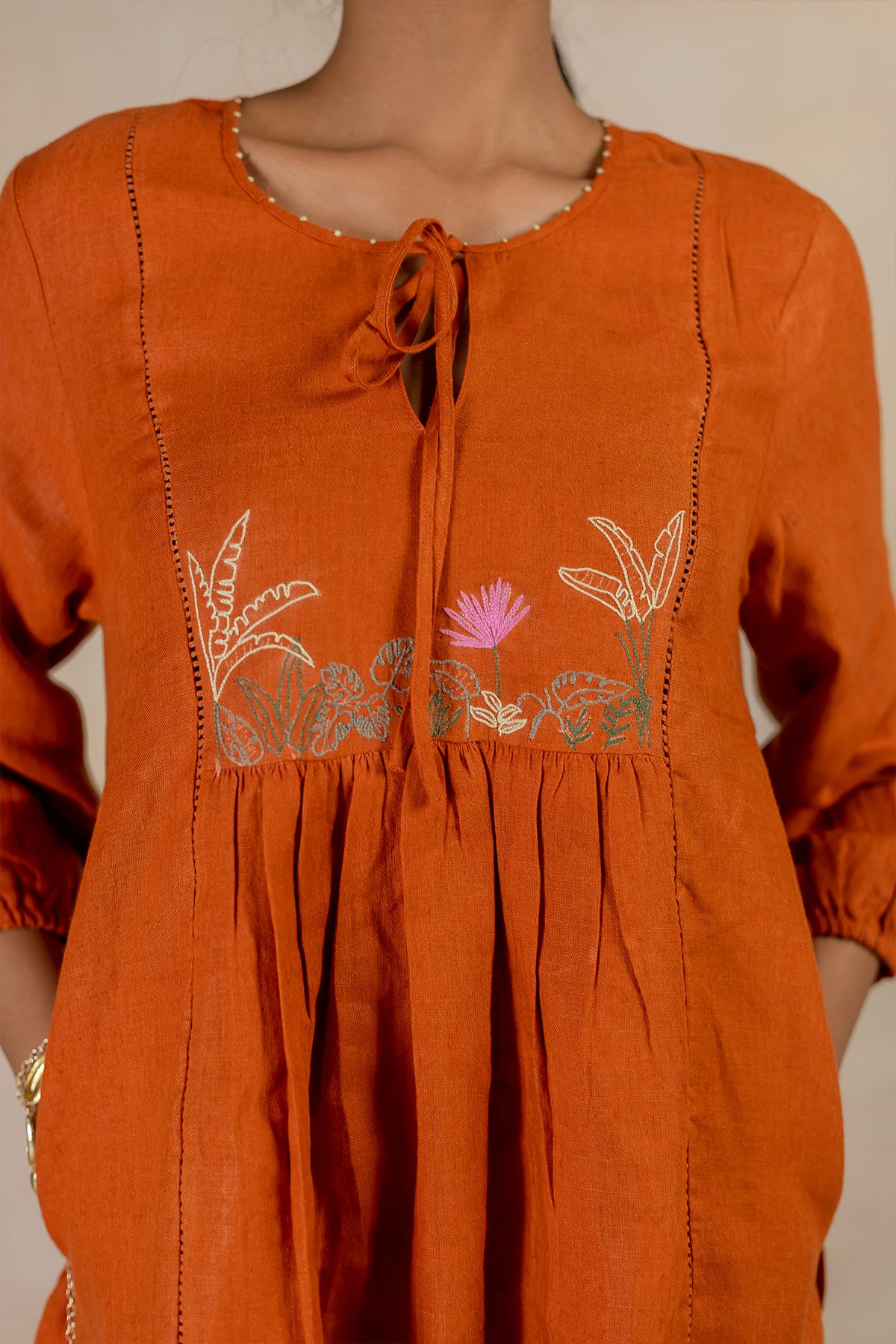 Day 17 - Linen Front Tie-neck Top  With Pocket - Tan Rust