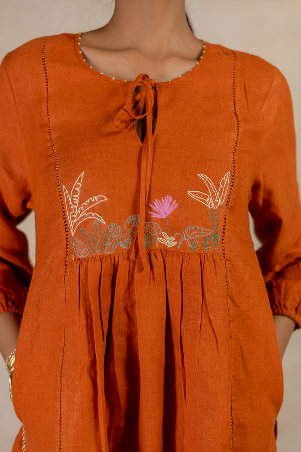 Day 17 - Linen Front Tie-neck Top  With Pocket - Tan Rust