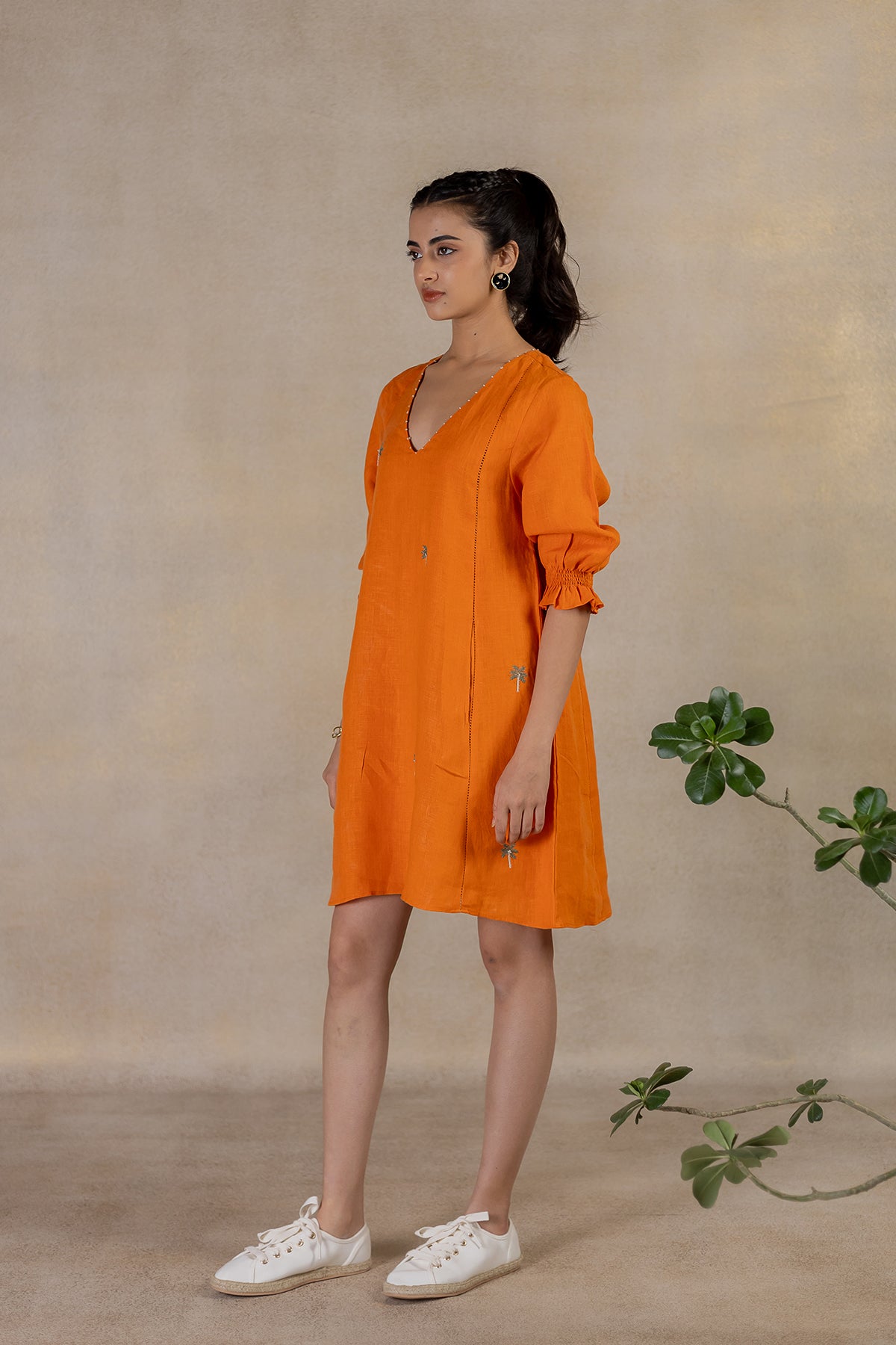 Day 18 - Linen V Neck  Panel Short Dress - Orange Soda