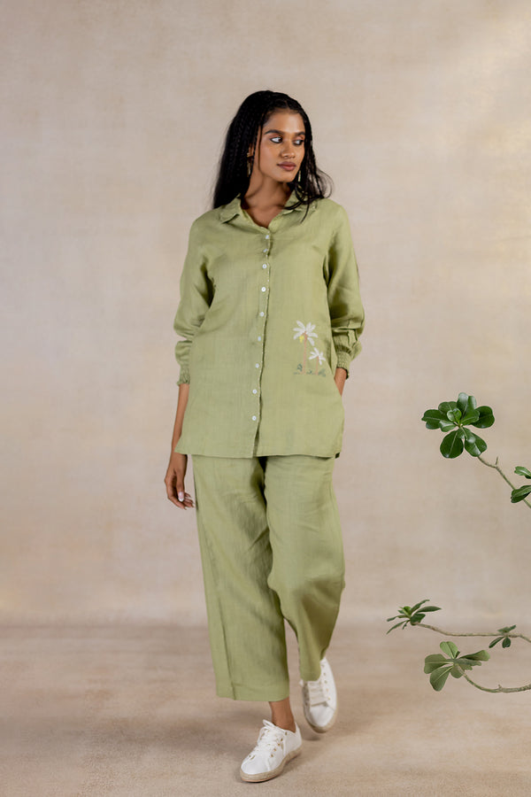 Day 2 - Linen Bobbin Elastic Sleeve Shirt With Pocket -meadow Green