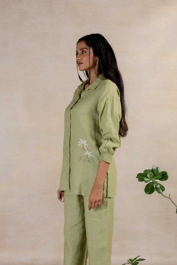 Day 2 - Linen Bobbin Elastic Sleeve Shirt With Pocket -meadow Green