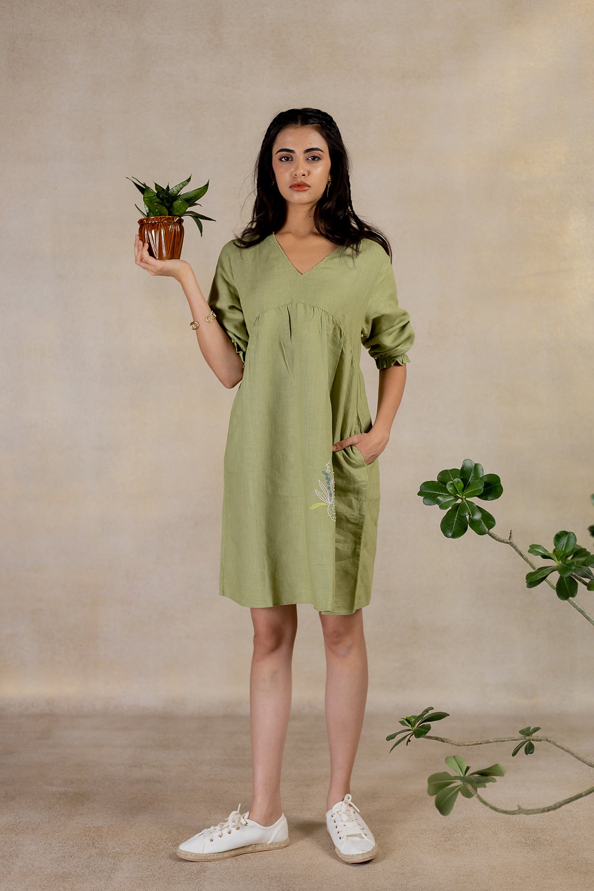 Day 23 - Linen V Neck Dress - Meadow Green