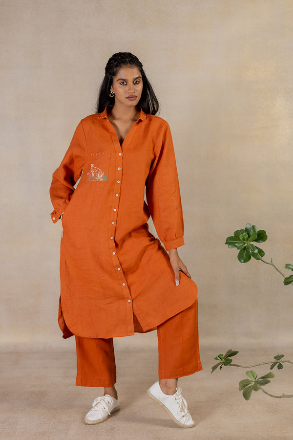 Day 28 - Linen Long Shirt Dress - Tan Rust