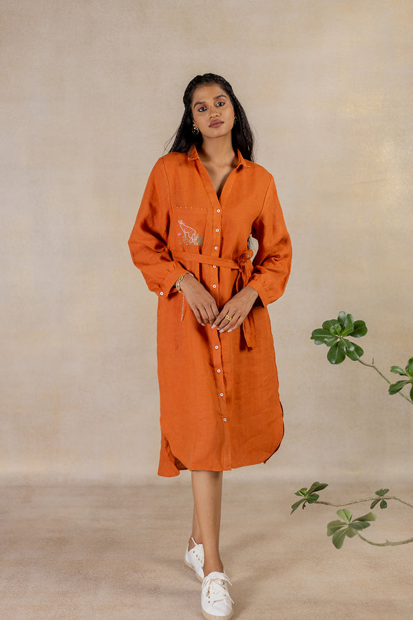 Day 28 - Linen Long Shirt Dress - Tan Rust