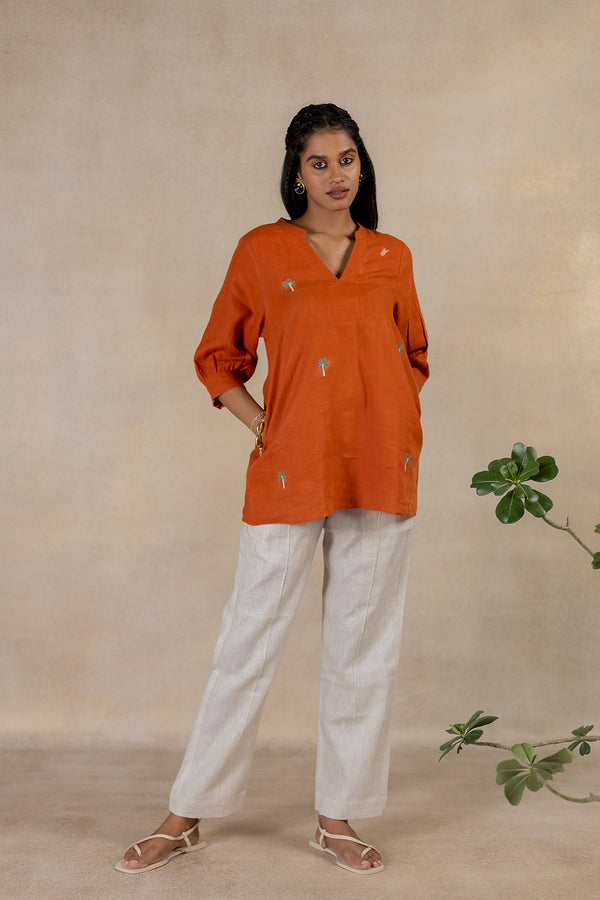 Day 29 - Linen V-neck Top With Pocket - Tan Rust