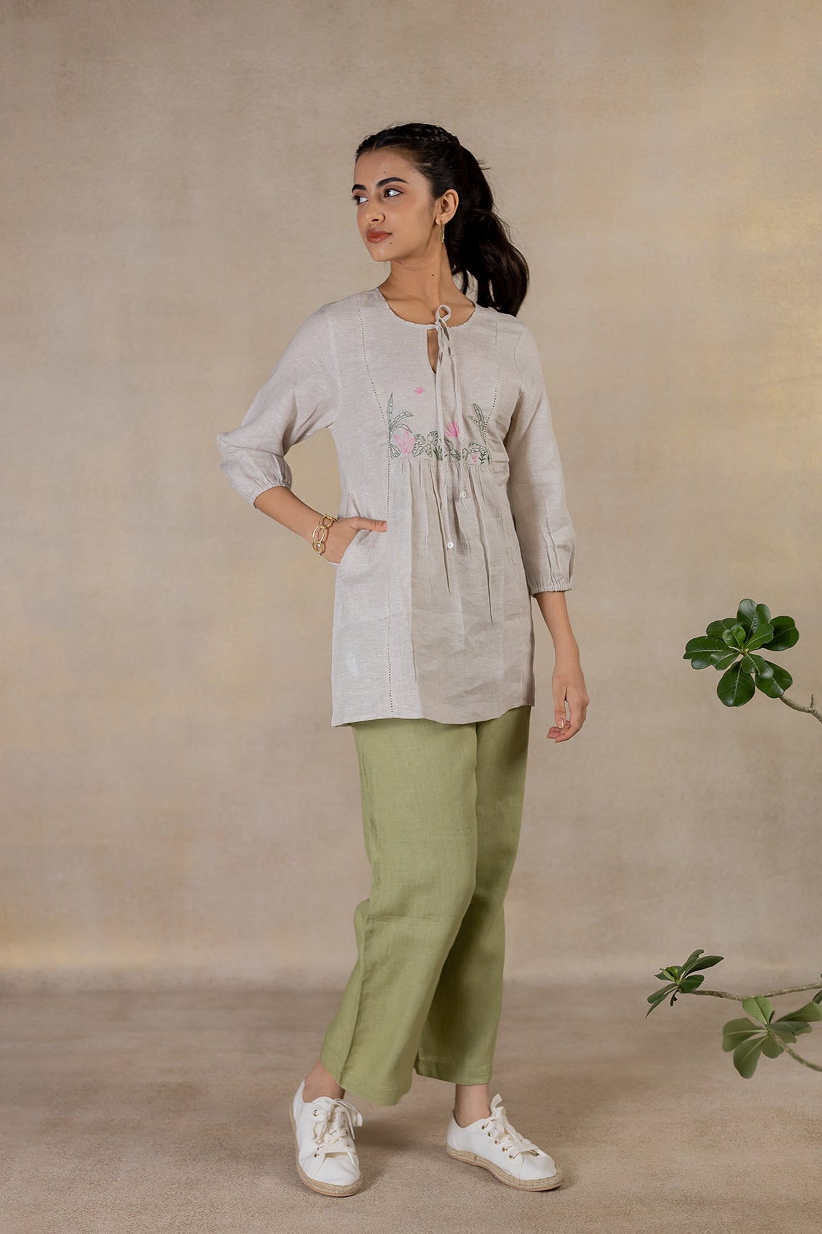 Day 17 - Linen  Front Tie-neck Top  With Pocket - Ecru