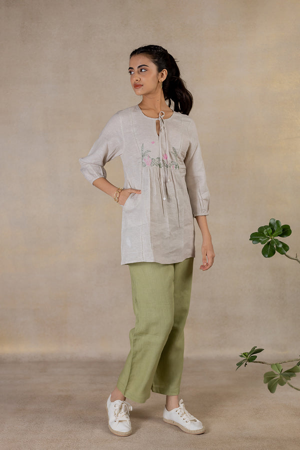 Day 17 - Linen  Front Tie-neck Top  With Pocket - Ecru