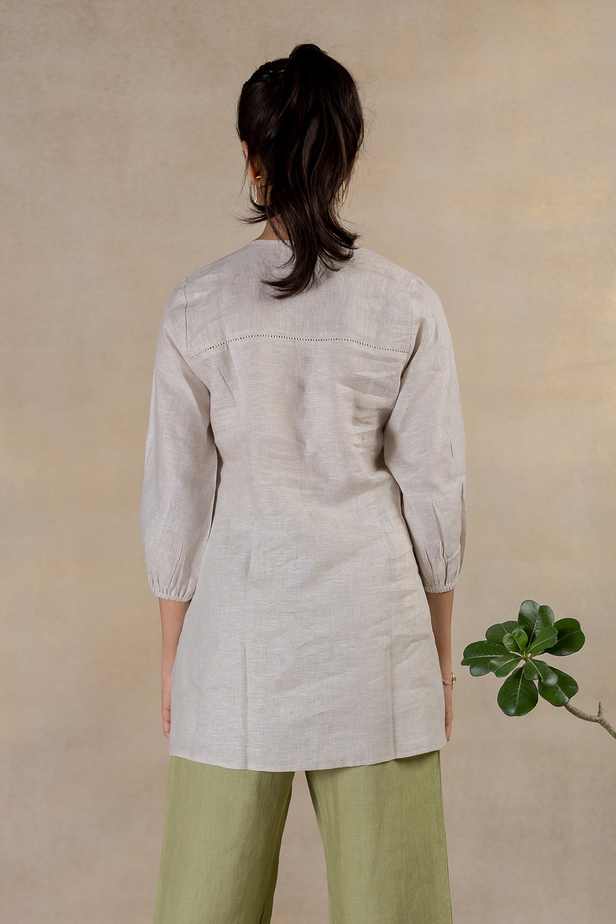 Day 17 - Linen  Front Tie-neck Top  With Pocket - Ecru