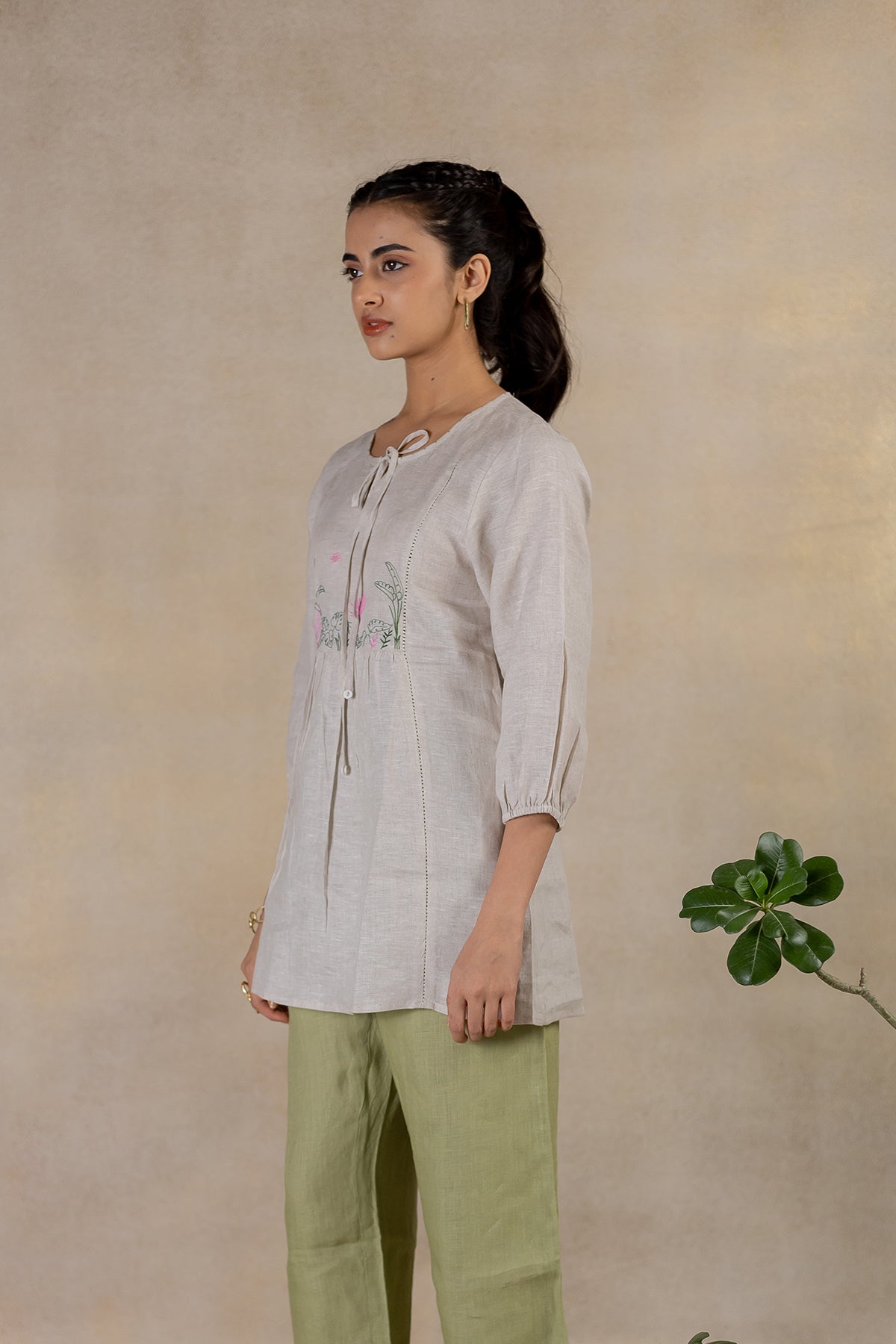 Day 17 - Linen  Front Tie-neck Top  With Pocket - Ecru