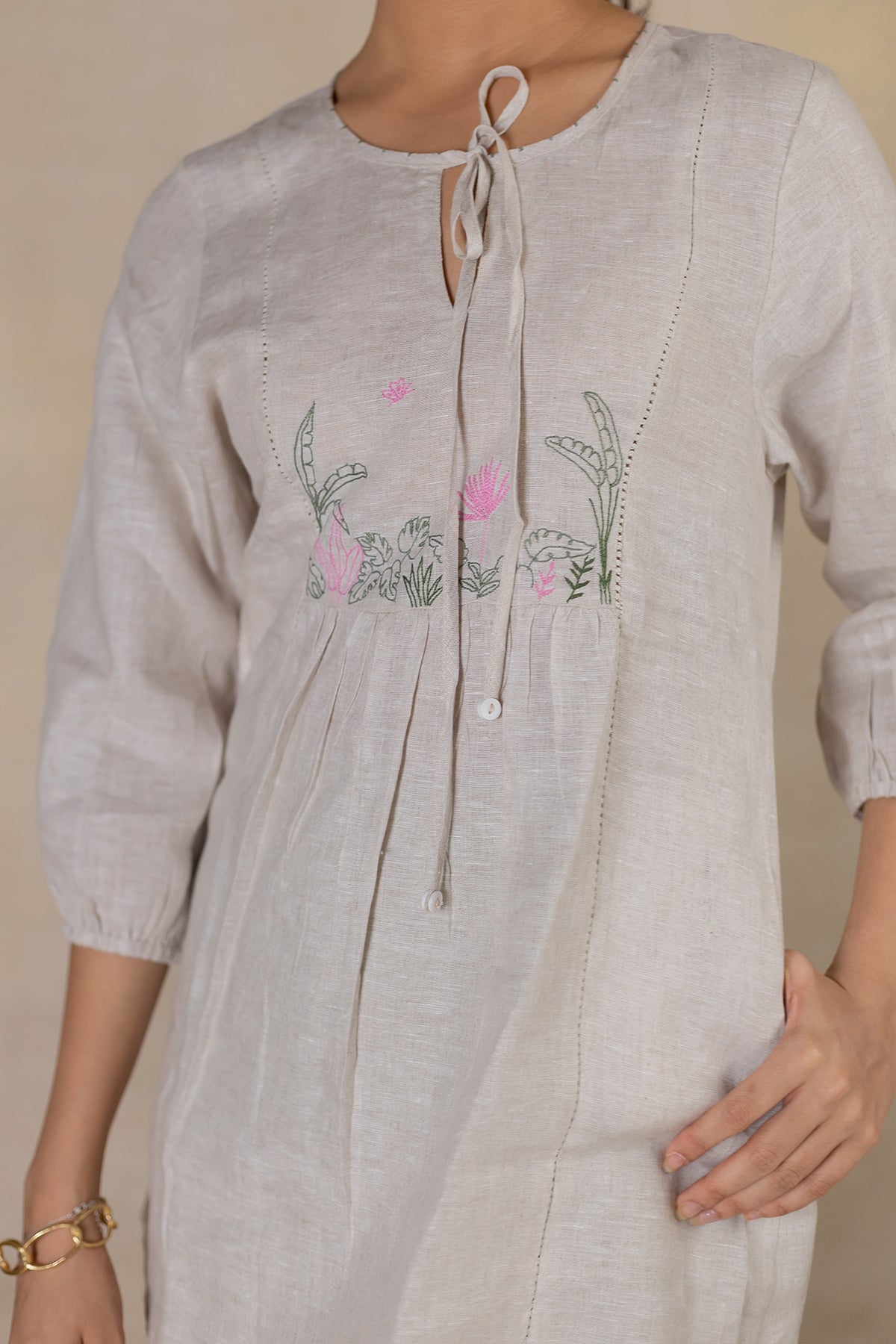 Day 17 - Linen  Front Tie-neck Top  With Pocket - Ecru