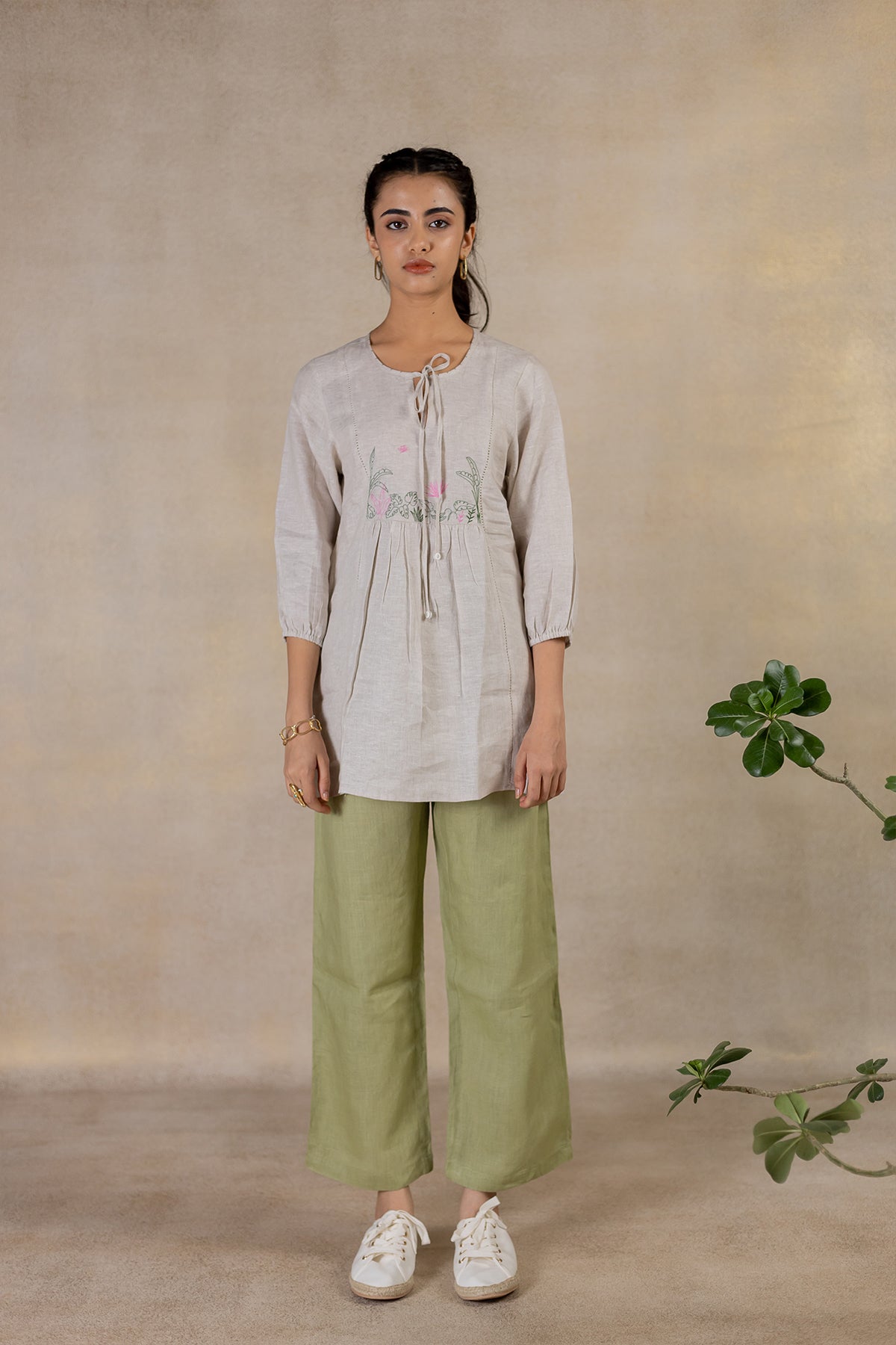 Day 17 - Linen  Front Tie-neck Top  With Pocket - Ecru