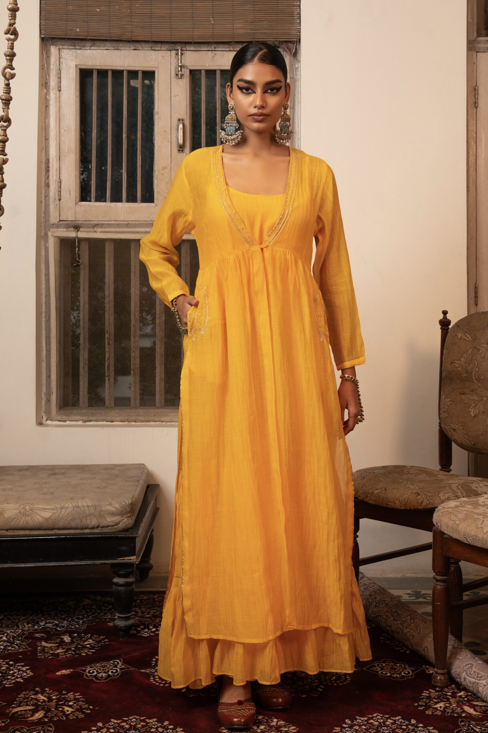 Chanderi Mor Overlay - kesariya peela