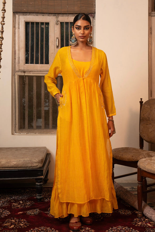 Chanderi Mor Overlay - kesariya peela