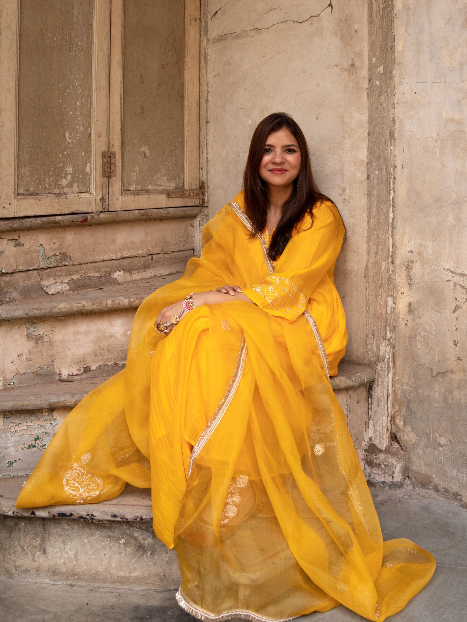 chanderi basant Kurta set - kesariya peela