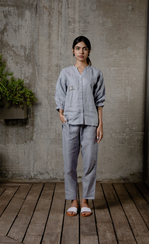 Emma Linen Shirt with Patch Pocket- Powder Blue