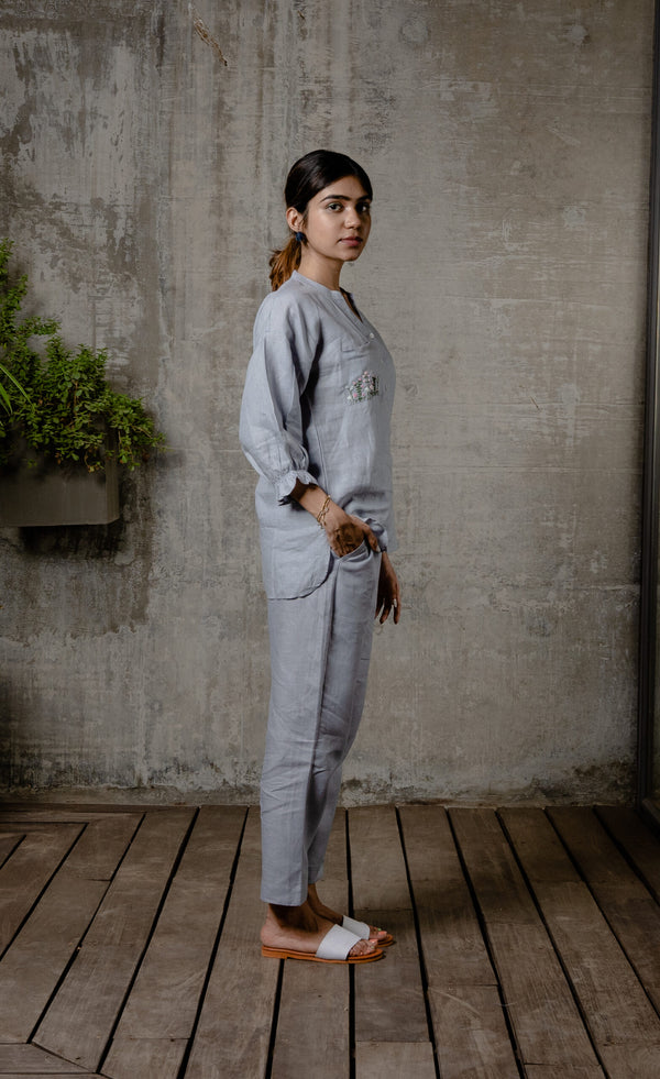 Emma Linen Shirt with Patch Pocket- Powder Blue