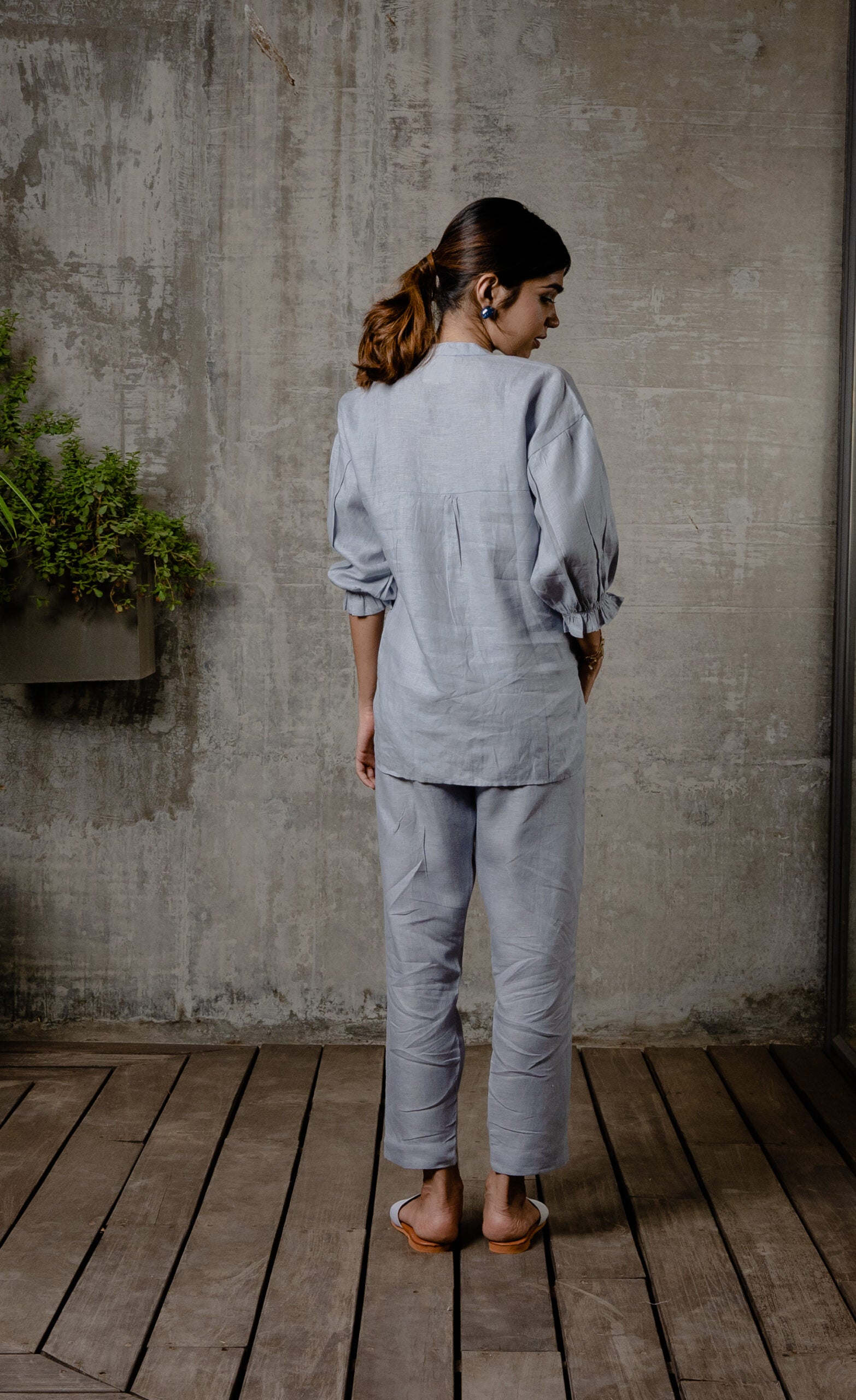 Emma Linen Shirt with Patch Pocket- Powder Blue