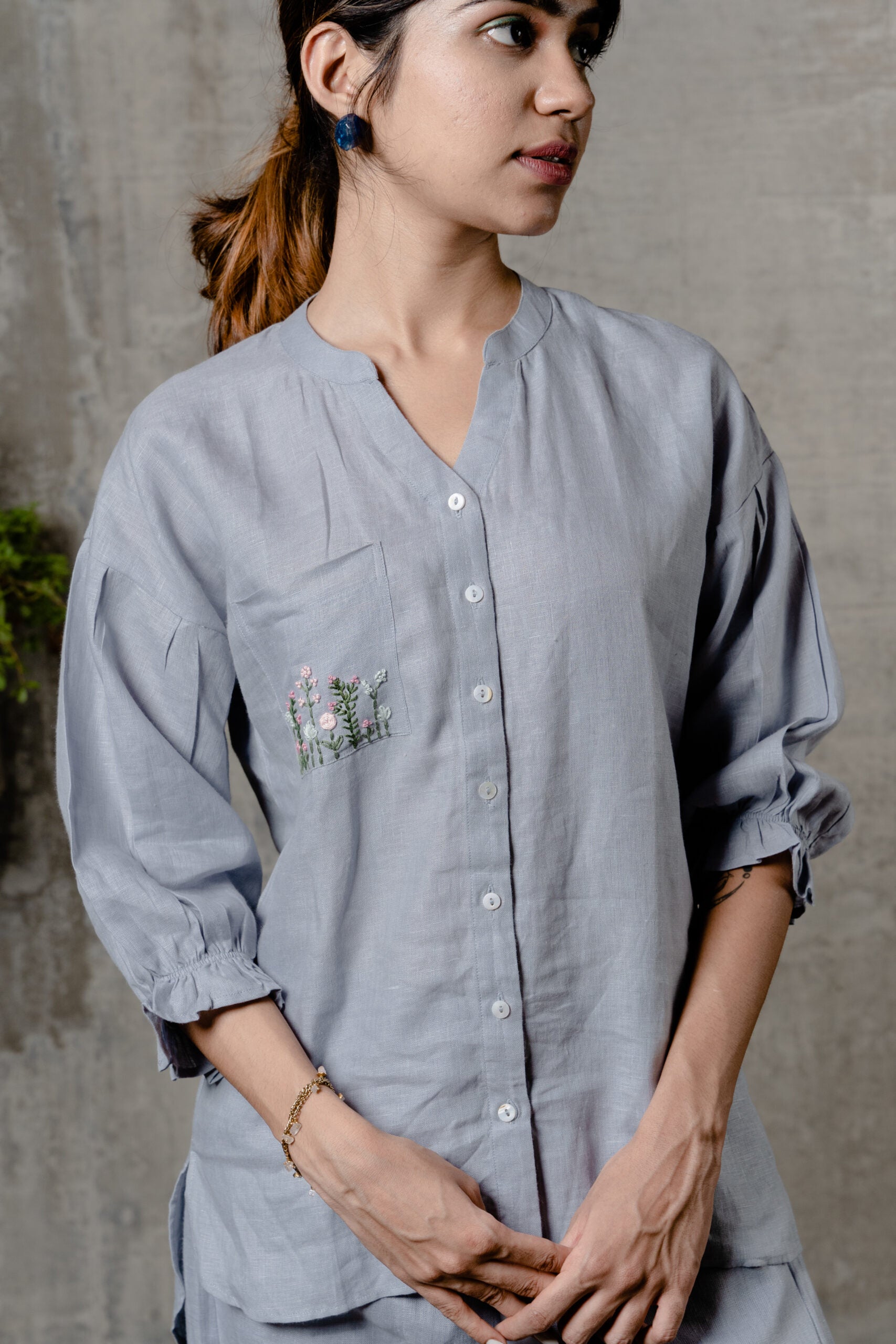 Emma Linen Shirt with Patch Pocket- Powder Blue