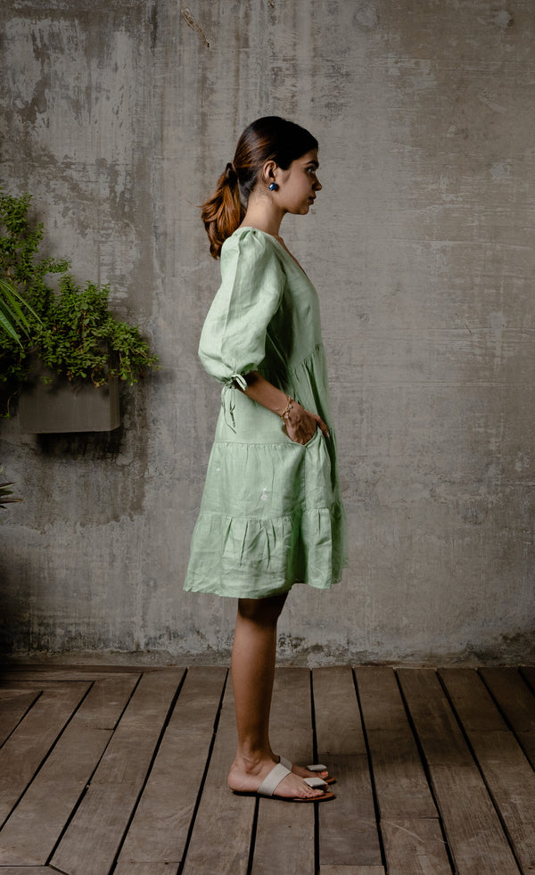 MADONNA LINEN V-NECK DRESS - Pista