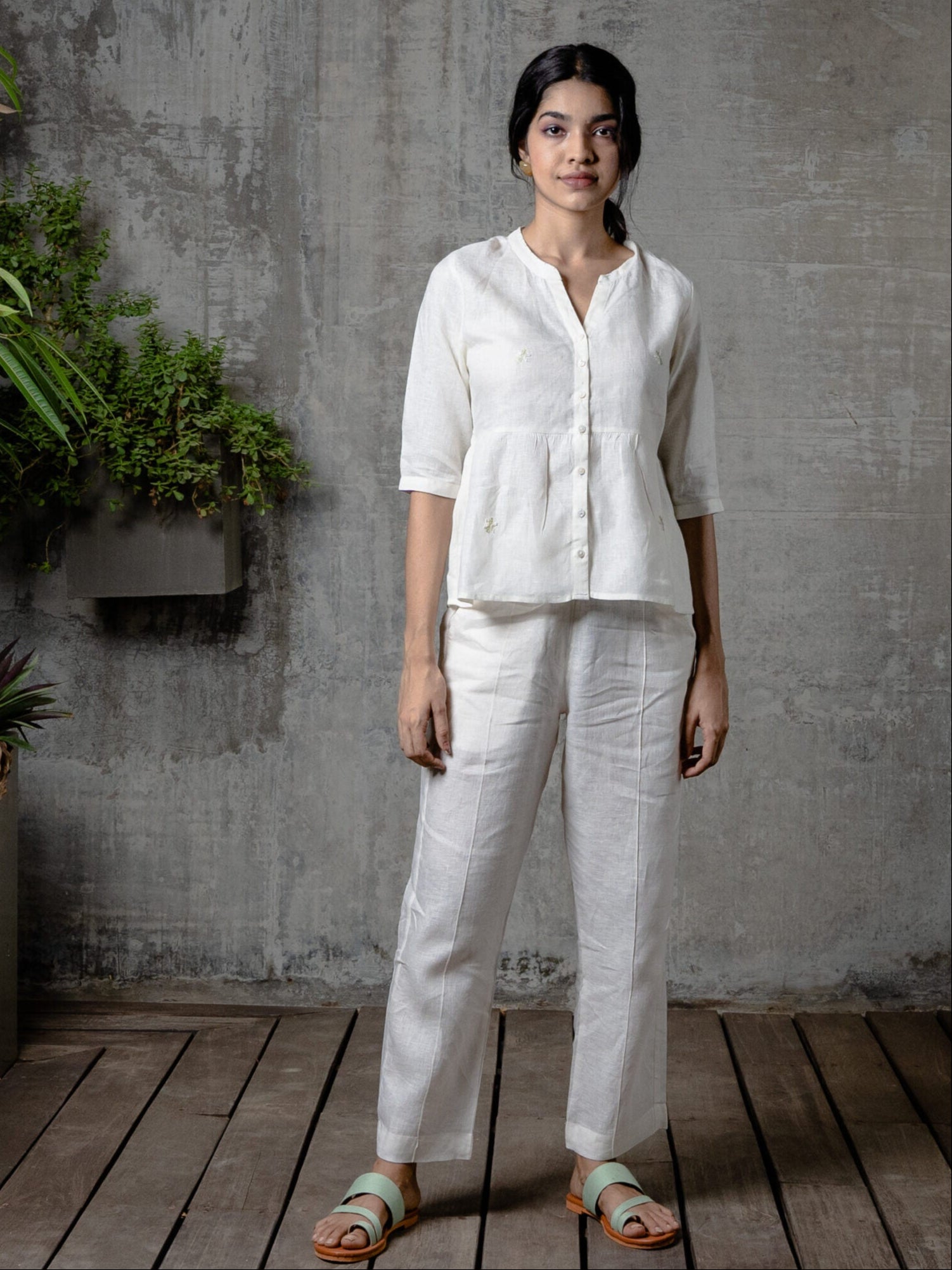 Full Placket Peplum Top - Off White