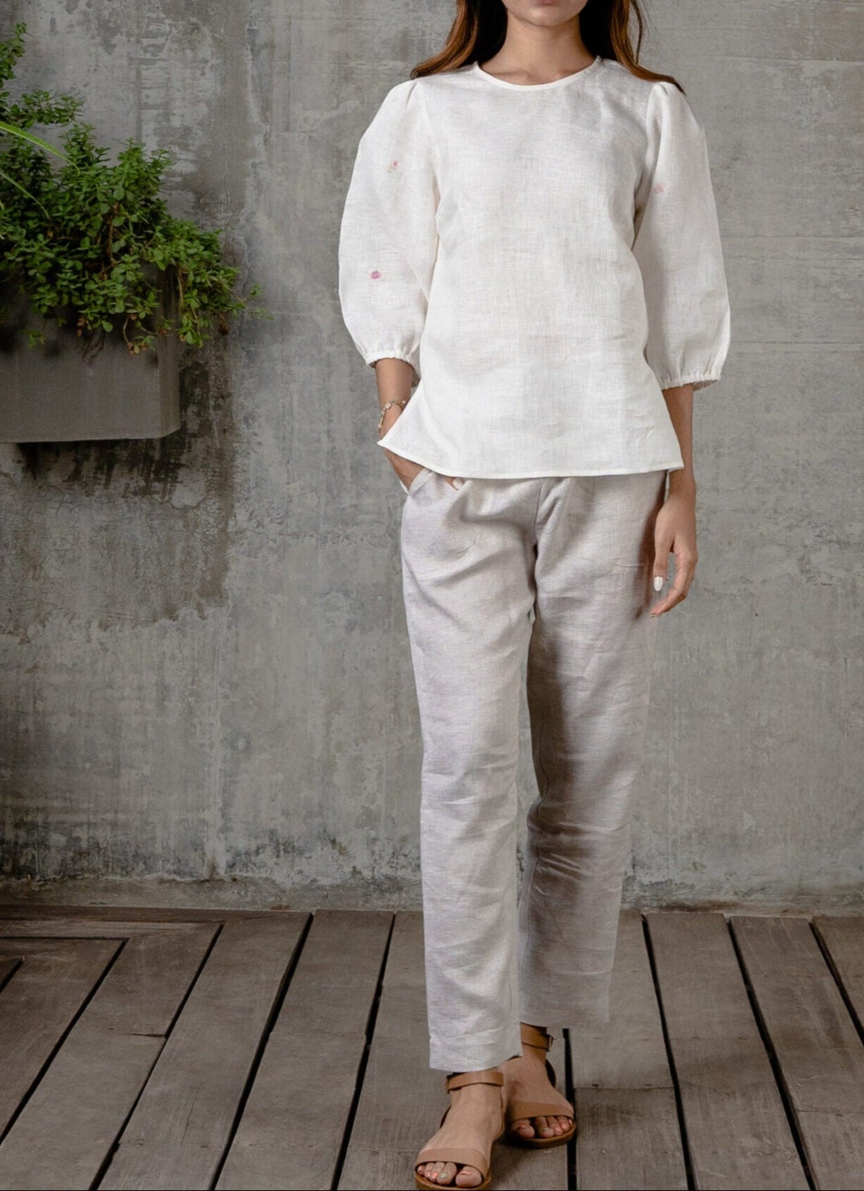 Linen Round Neck Top - Off White