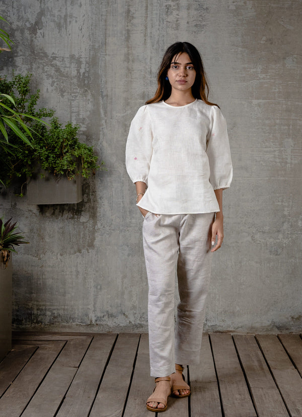 Linen Round Neck Top - Off White
