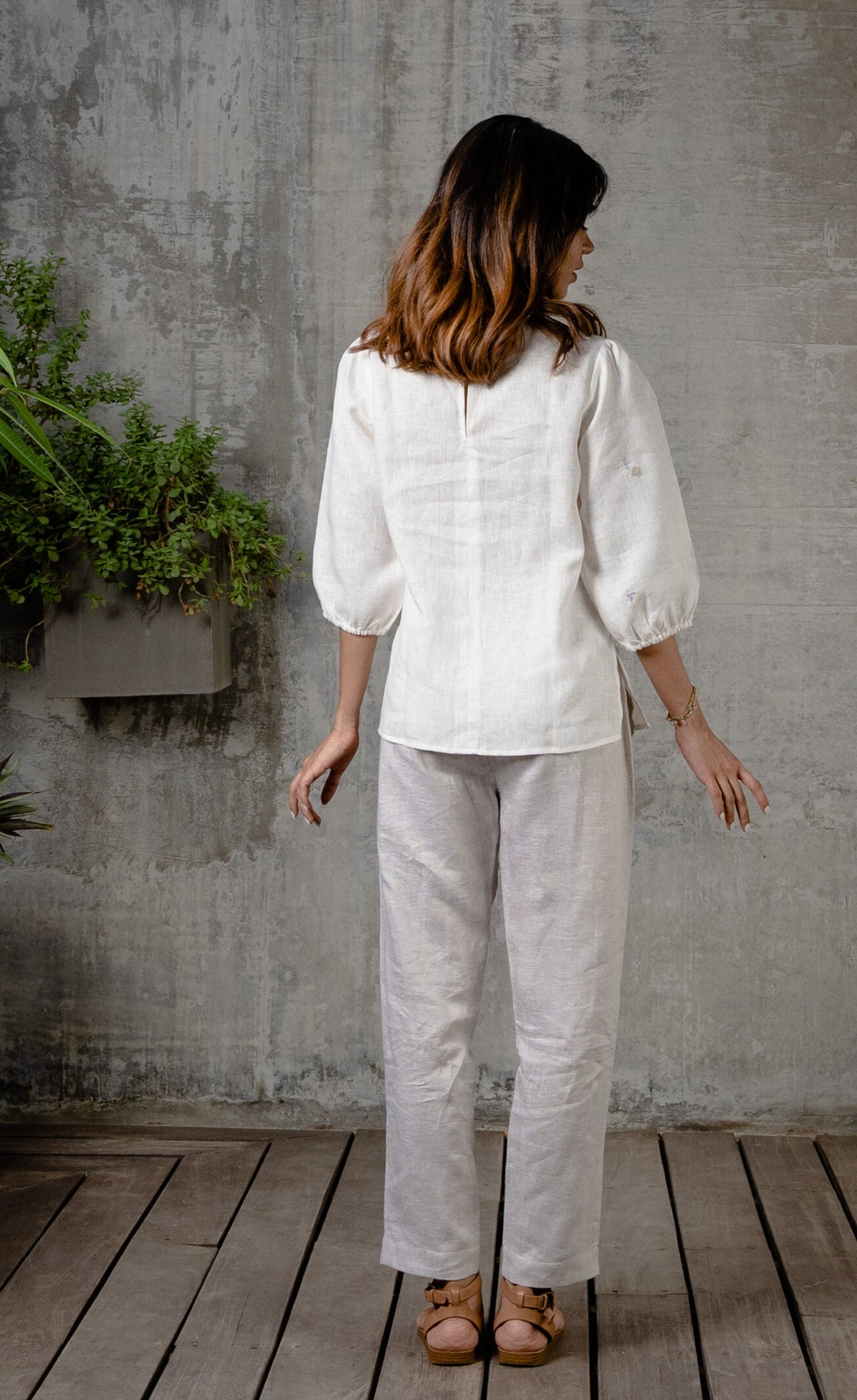 Linen Round Neck Top - Off White