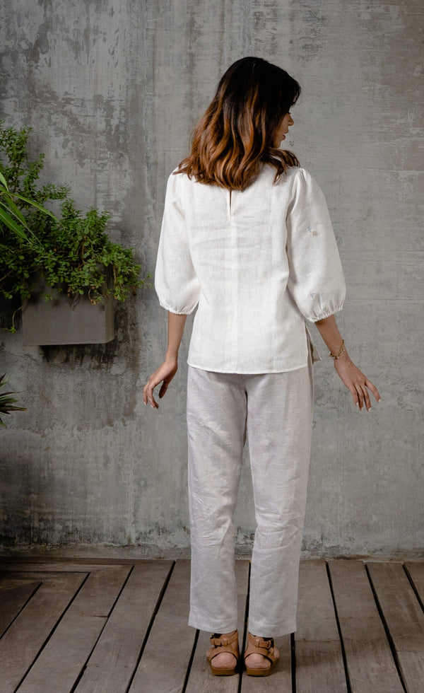 Linen Round Neck Top - Off White