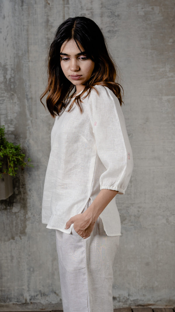 Linen Round Neck Top - Off White