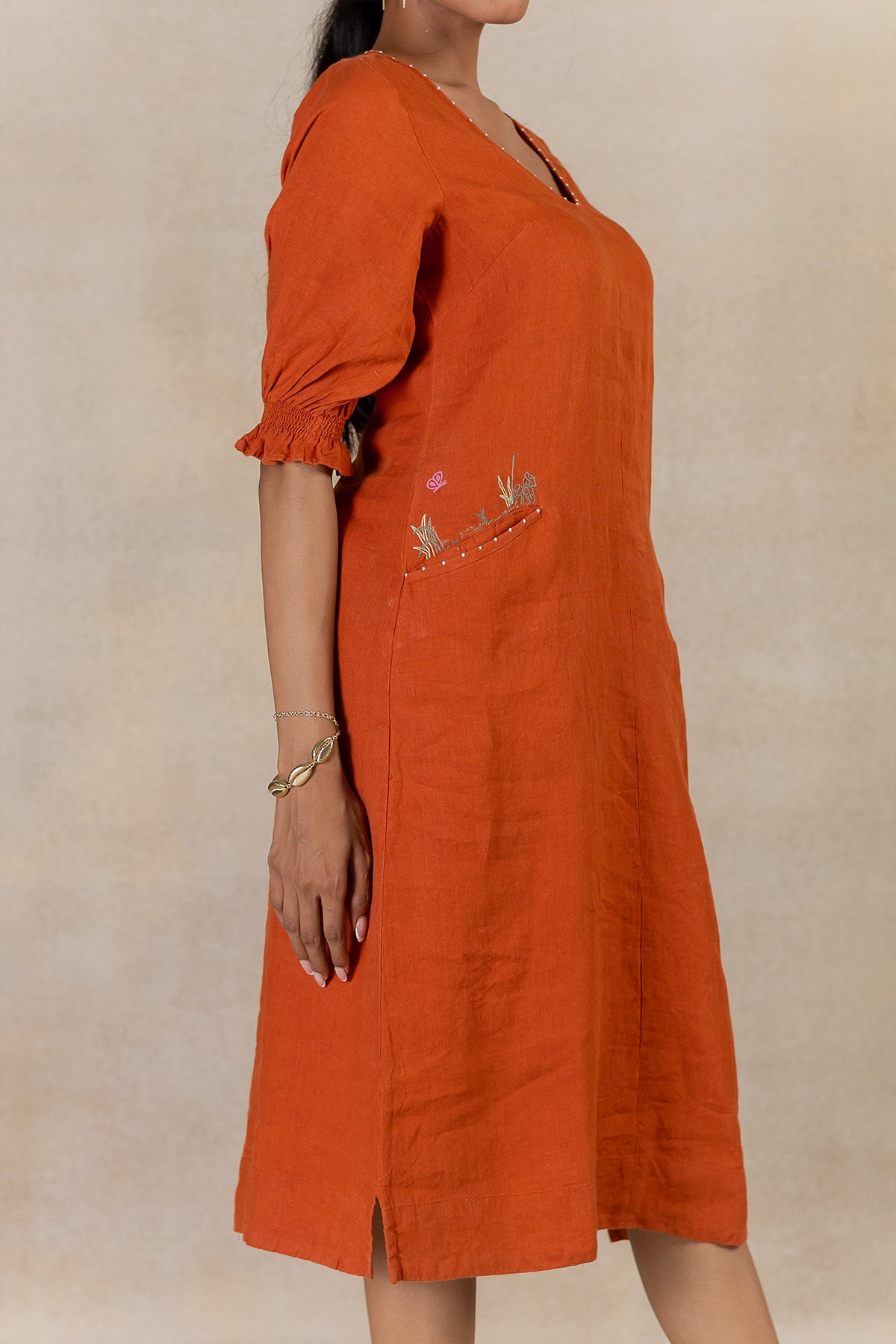 Day 11 - Linen A-line Diagonal Welt Pocket Dress - Tan Rust