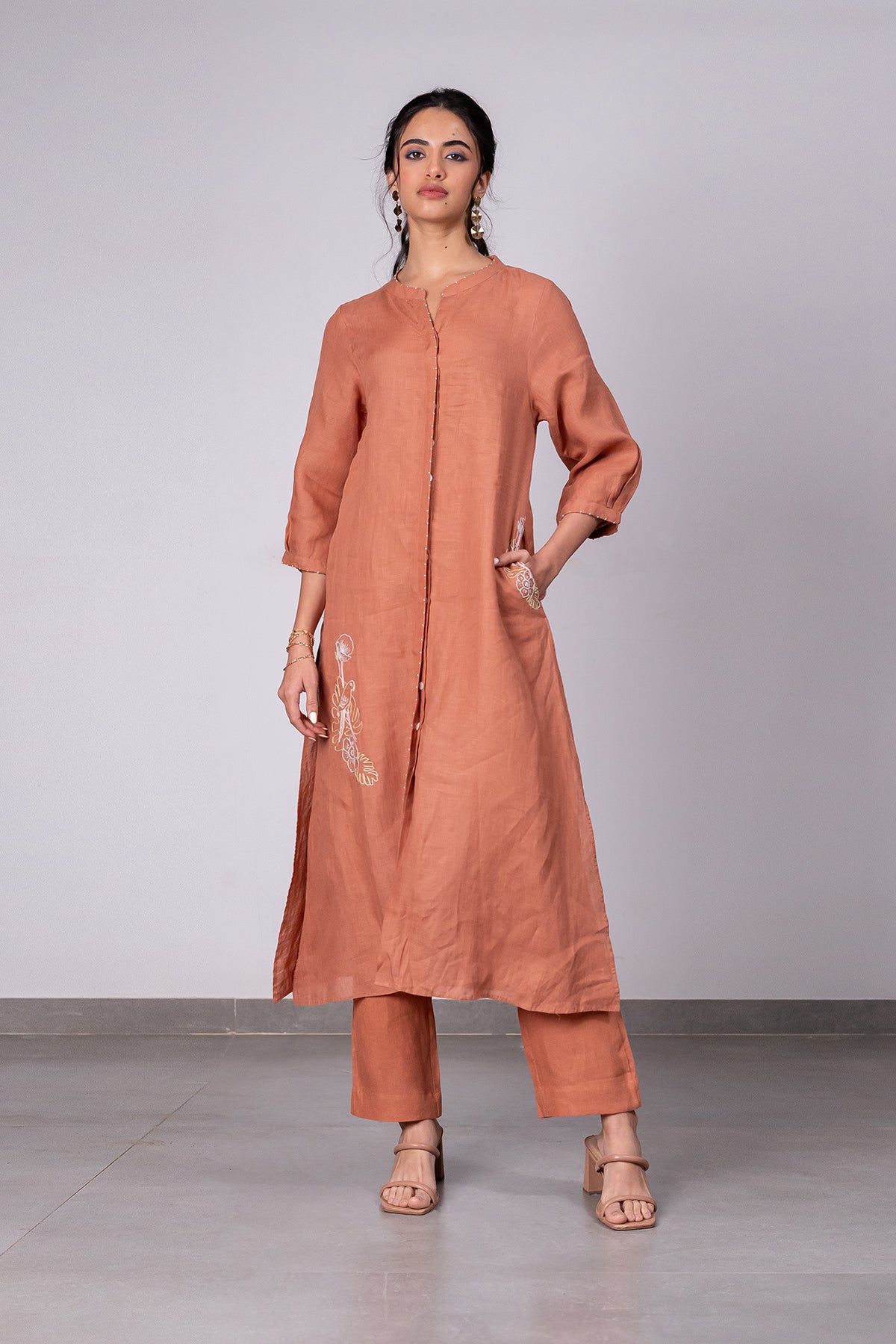 Demi Linen Buttoned Kurta- Pant Set With Pockets – Sand Brown