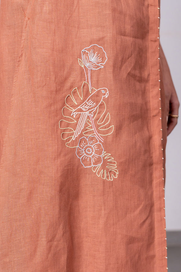 Demi Linen Buttoned Kurta- Pant Set With Pockets – Sand Brown