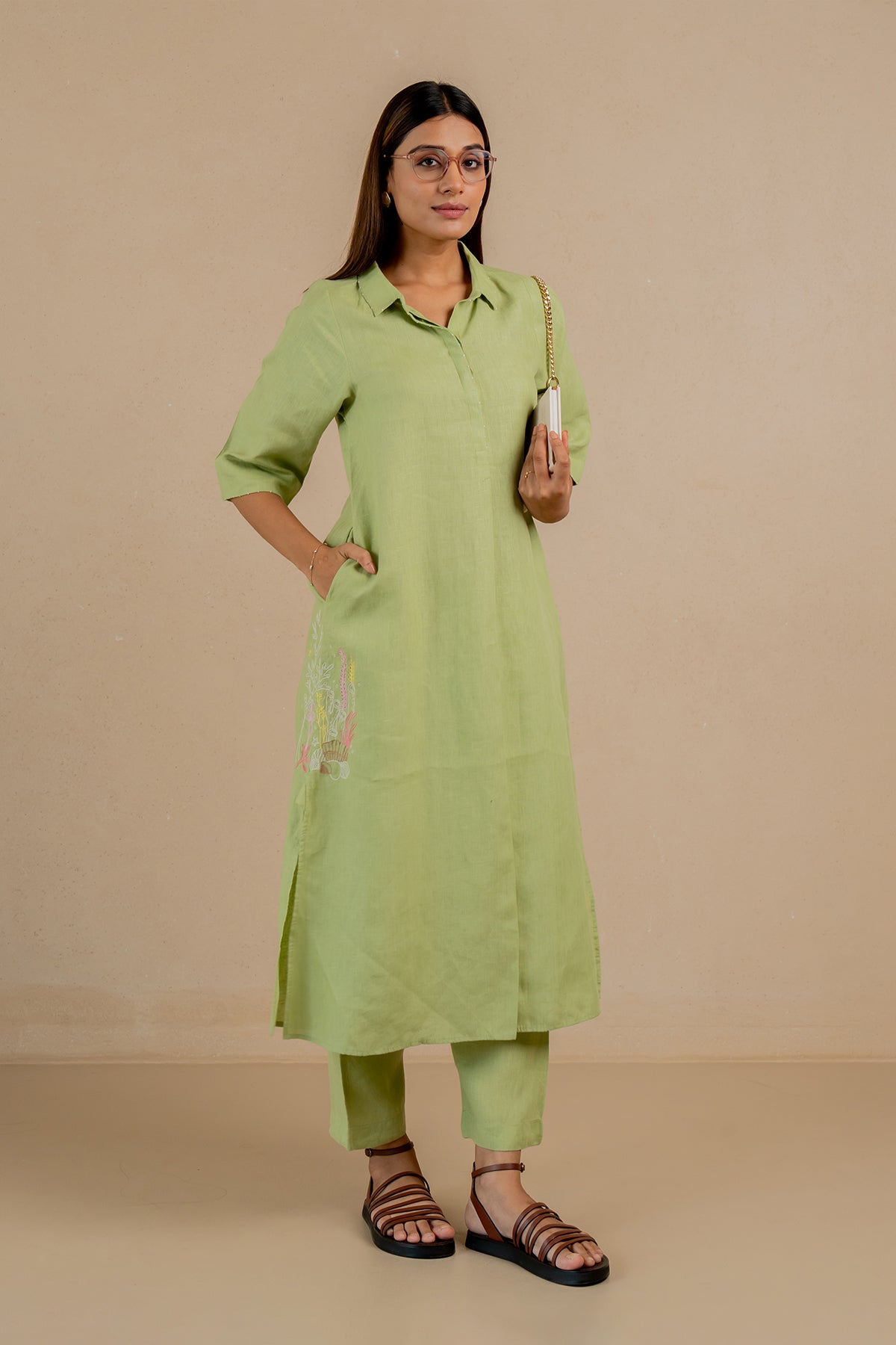 Demi Linen Buttoned Kurta and Pant Set With Pockets - Algae Green
