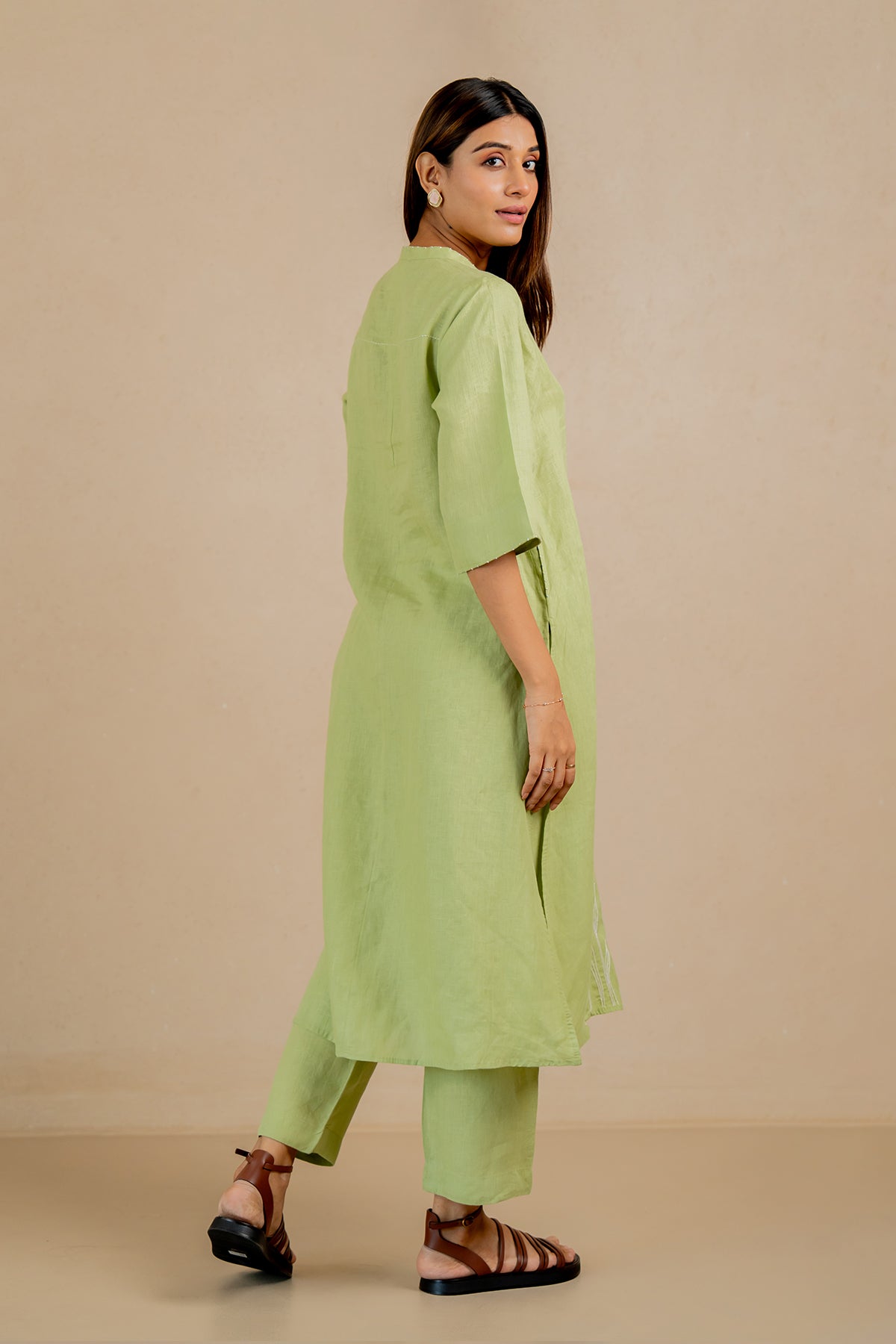 Demi-Linen-Buttoned-Kurta-and-Pant-Set-With-Pockets-Algae-Green-