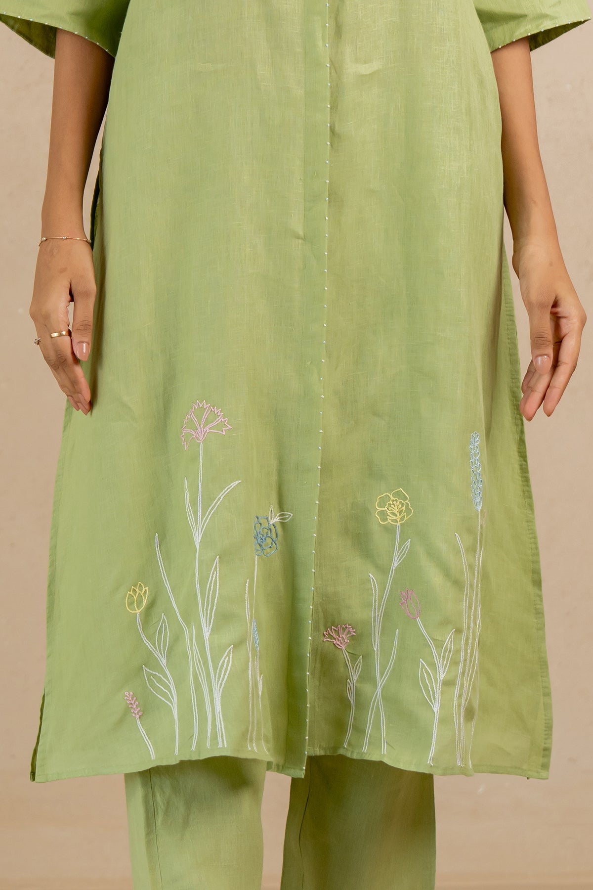 Demi-Linen-Buttoned-Kurta-and-Pant-Set-With-Pockets-Algae-Green-