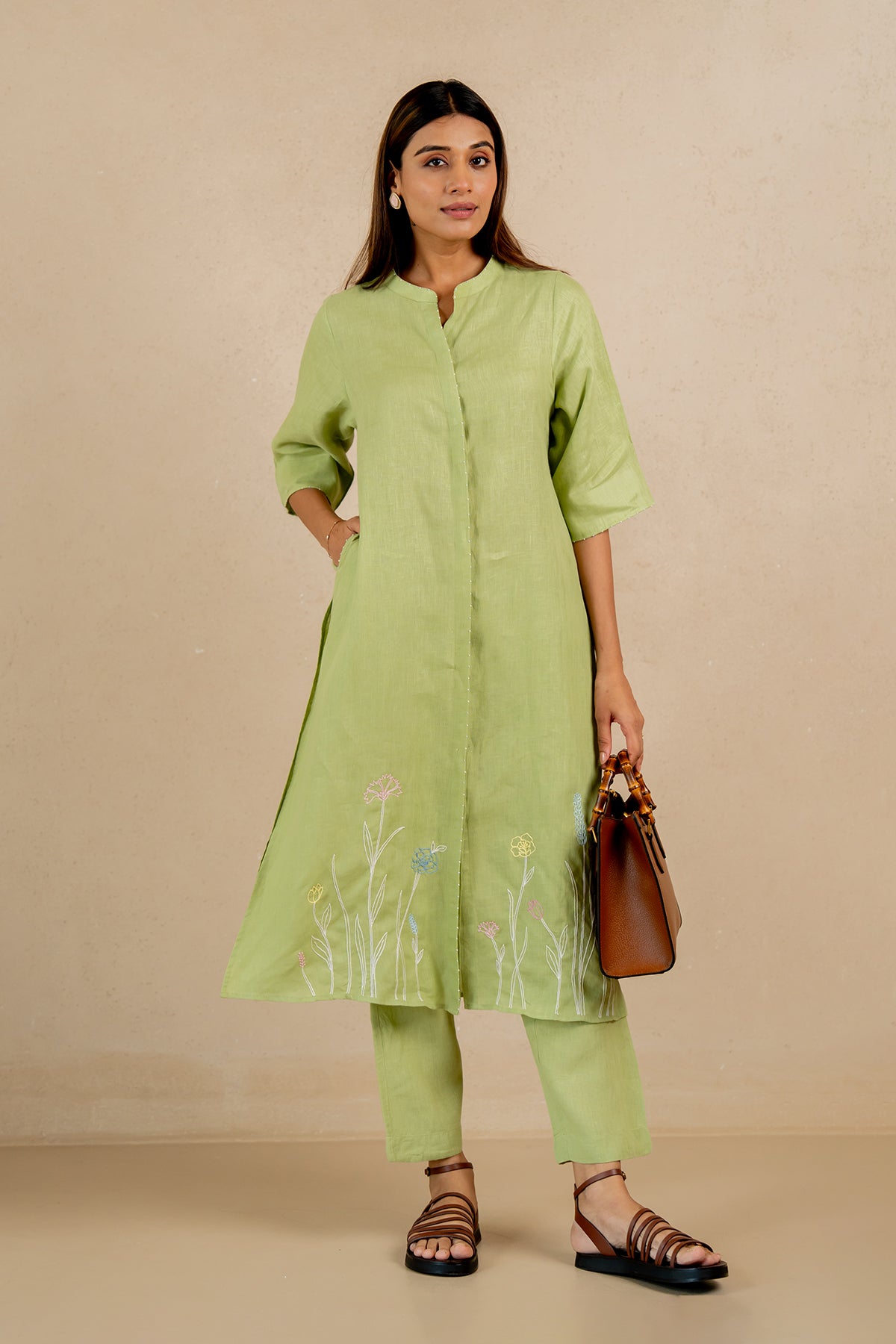 Demi-Linen-Buttoned-Kurta-and-Pant-Set-With-Pockets-Algae-Green-