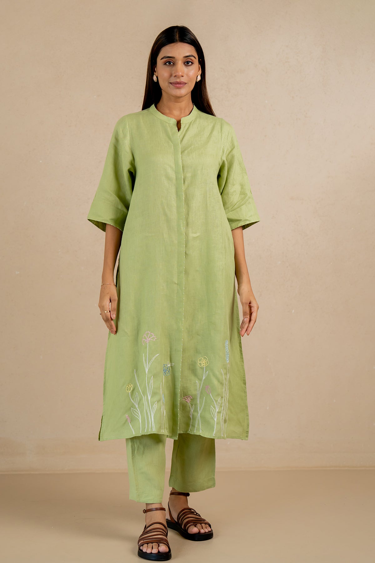 Demi-Linen-Buttoned-Kurta-and-Pant-Set-With-Pockets-Algae-Green-