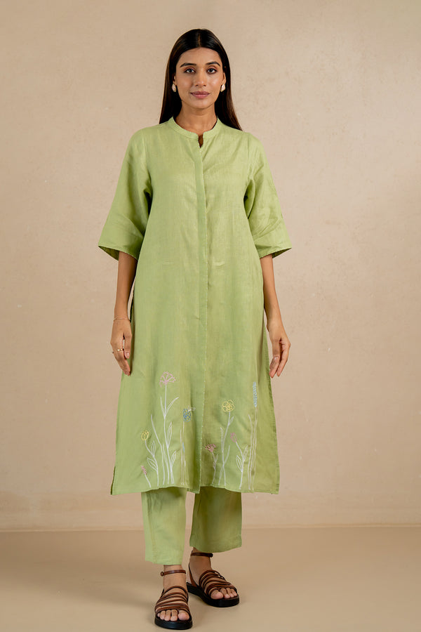 Demi-Linen-Buttoned-Kurta-and-Pant-Set-With-Pockets-Algae-Green-