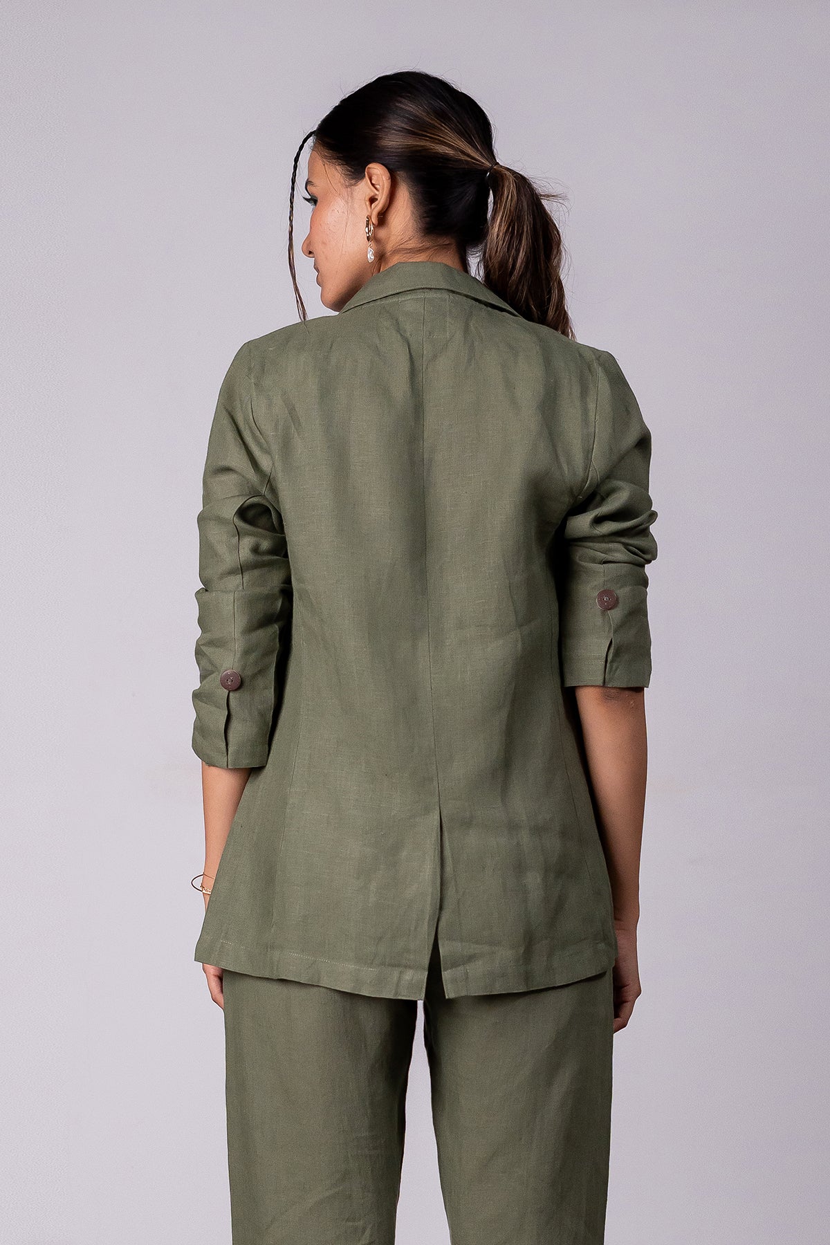 Diane Linen Blazer with Welt Pockets - Olive Green